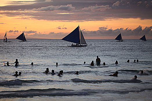 游泳,帆船,日落,长滩岛,菲律宾,亚洲