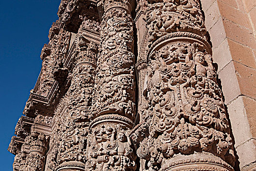 墨西哥,萨卡特卡斯州,萨卡特卡斯,世界遗产,大教堂,粉色,砂岩,建筑,18世纪,柱子,特写