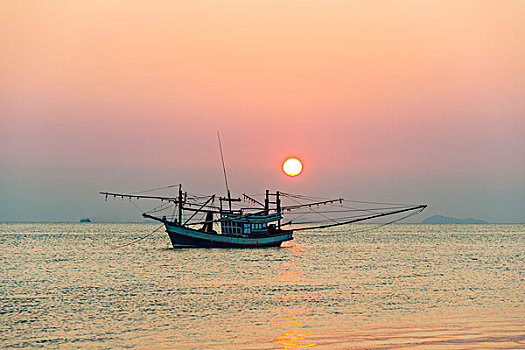 船,海中,日落,正面,小,岛屿,苏梅岛,海湾,泰国,亚洲