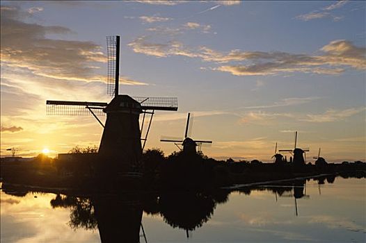 风车,日落,金德代克,荷兰