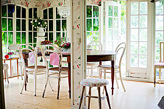 椅子,白色,掉漆,老式,木桌子,温室