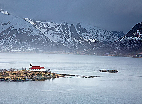 遥远,教堂,峡湾,水岸,仰视,雪山,挪威