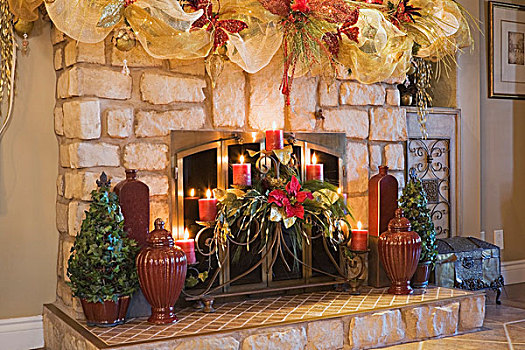 壁炉,壁炉架,光亮,圣诞装饰,魁北克,加拿大