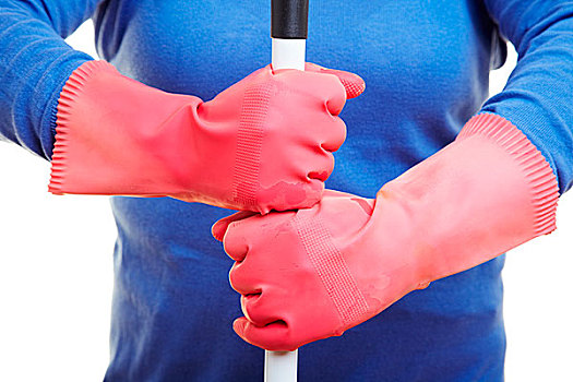 红色,橡胶手套,拿着,棍,扫帚