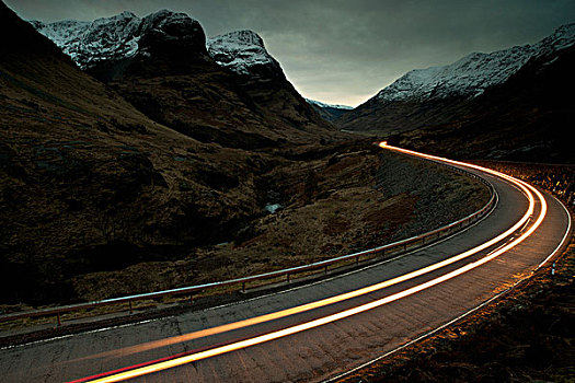 小路,车灯,黄昏,山地,山谷,苏格兰