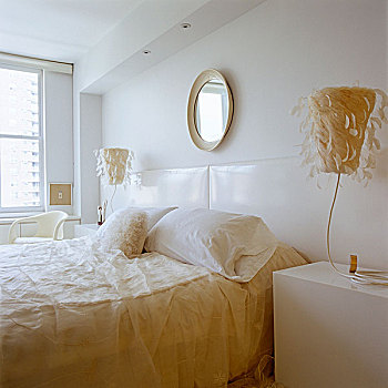 单色调,卧室,一对,床边,灯,羽毛,设计,葡萄酒