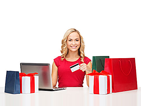 圣诞节,圣诞,网上购物,概念,女人,礼盒,包,笔记本电脑,信用卡