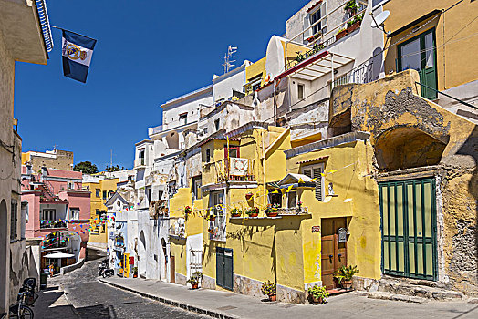 彩色,建筑,街道,岛屿,普罗奇达,那不勒斯湾,意大利南部