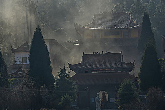 树,蓝,背景,池塘,倒影,烟,枯枝,寺庙,太阳,阳光,水,岸,淤泥,泥潭,村庄,山岗