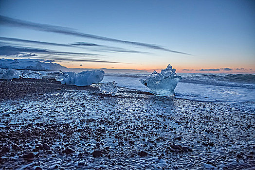 冰岛,冰川冰,火山岩,海滩,结冰,泻湖,日出