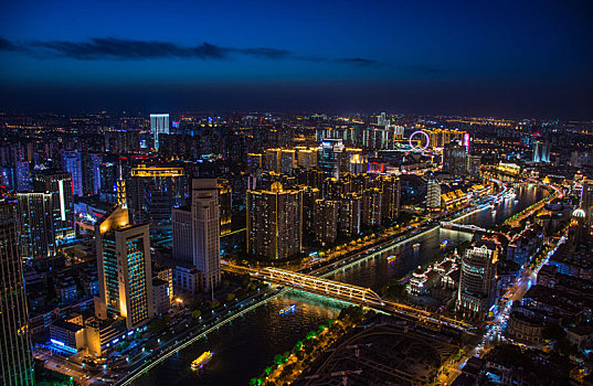 天津,俯拍天津海河景观带夜色