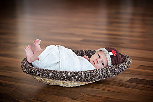 婴儿,3周,戴着,帽子,卧,篮子