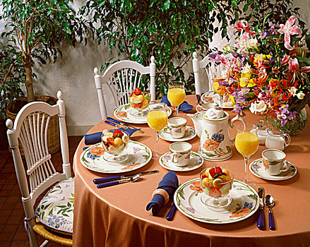 早餐桌,布置,新鲜,水果,咖啡,花