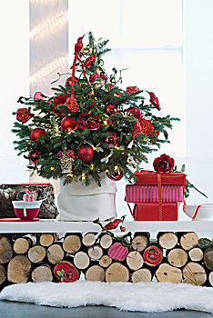 圣诞树,装饰,红色,小玩意,礼物,白色背景,架子,休息,一堆,原木