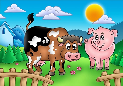 卡通,母牛,猪,后面,栅栏