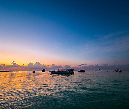 船,泻湖,黄昏,环礁,马尔代夫,亚洲