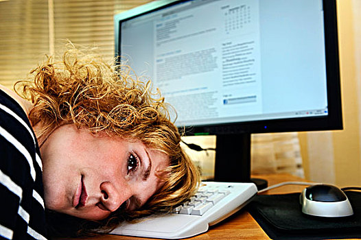 疲惫,女人,休息,头部,电脑,按键,殆尽