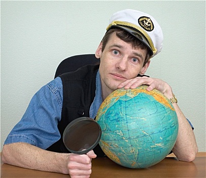男人,海洋,军帽,地球仪,放大镜