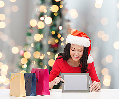 圣诞节,科技,人,概念,微笑,女人,圣诞老人,帽子,购物袋,平板电脑,电脑,上方,树,背景