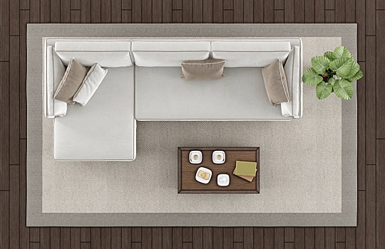 俯视,现代生活,风景,房间,白色,沙发,茶几,地毯