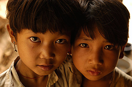 女孩,户外,房子,乡村,钟点,走,远景,卡劳,南方,掸邦,缅甸