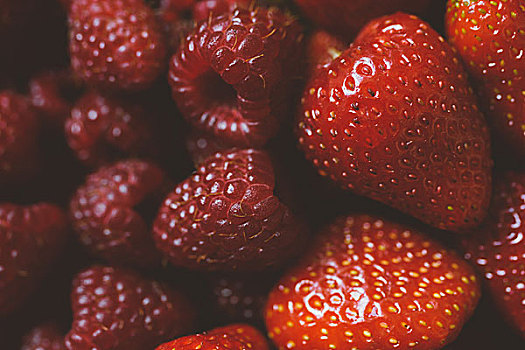 混合,草莓,树莓,微距,聚焦