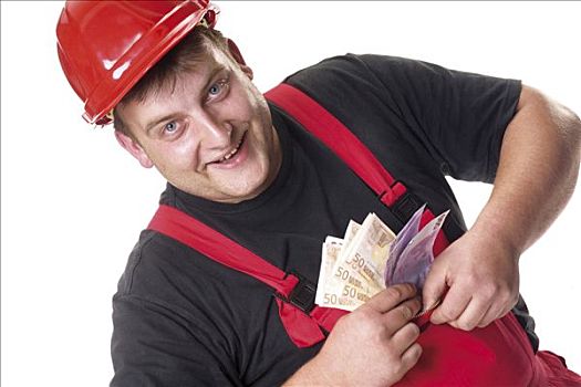 建筑工人,穿,红色,安全帽,粘住,钱,胸袋