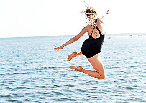 女人,跳跃,海上