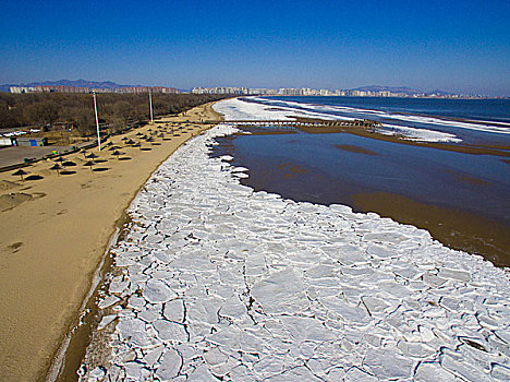 海冰,奇观,寒冷,冬季,冰块,海滩,安静,秦皇岛,北戴河,航拍,鸟瞰