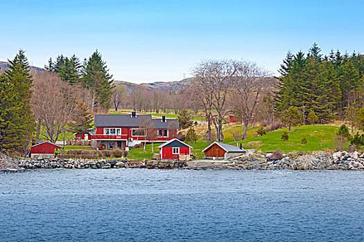 传统,挪威,小,乡村,彩色,木屋,海岸