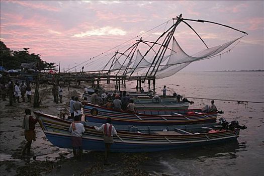 中国,渔网,海滩,堡垒,喀拉拉,印度