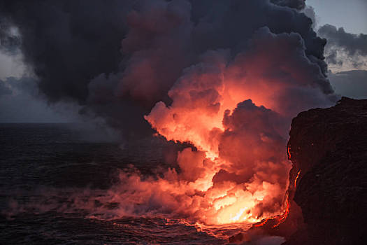 橙色,火山岩,流动,海洋,鲜明,河流,制作,大,云,蒸汽,日落,天空,背景