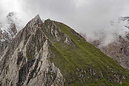 山峰,山谷,云,深,绿色,草场,生动,悬崖,边缘