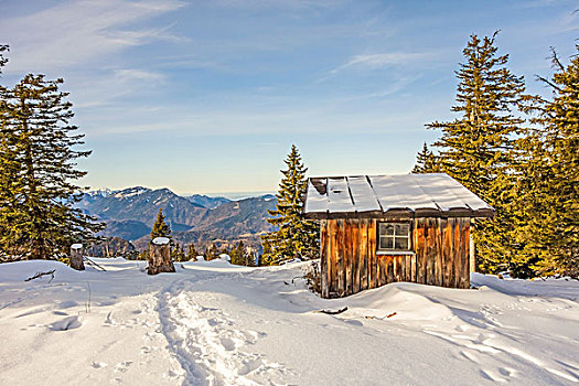 山,小屋,木头,冬季风景
