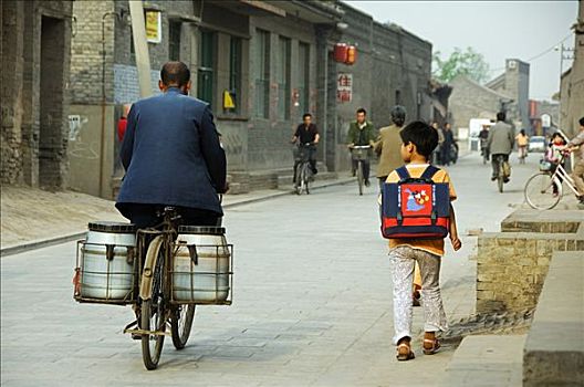 孩子,走,学校,历史,老城,平遥,山西,中国