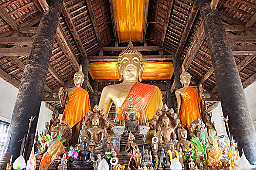 老挝,琅勃拉邦,寺院,祈祷,收集,佛像