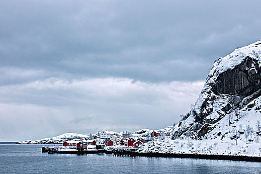 寒冷,海洋,雪,顶峰,渔村,黄昏,诺尔兰郡,罗浮敦群岛,挪威北部,欧洲