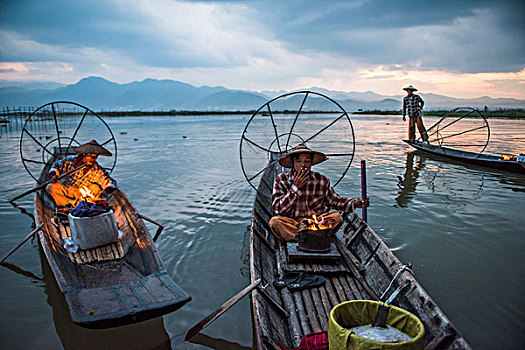 茵莱湖,城镇,地区,缅甸,渔民,黎明,壁炉,船