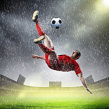 球员,红色,衬衫,惊人,球,体育场,雨