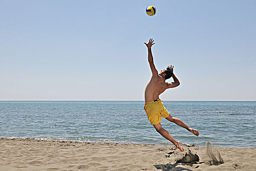 男性,沙滩排球,比赛,运动员,跳跃,热,沙子