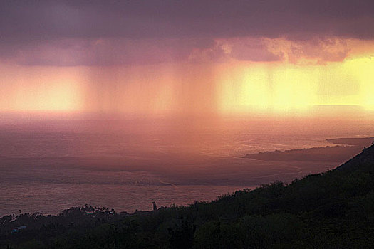 夏威夷,湾,暴风雨,日落