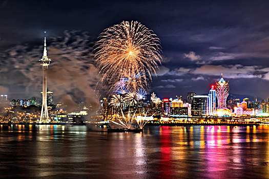 澳门,海面,夜景,灯光,烟花