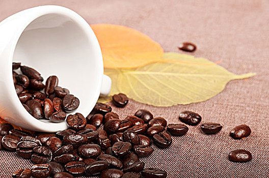 牛奶咖啡,杯子,秋叶,咖啡豆