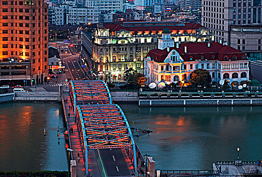 上海外白渡桥,俄罗斯驻沪总领事馆和上海浦江饭店,原名礼查饭店