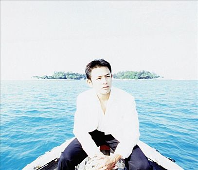 男青年,坐,船,岛屿,背景,肖像