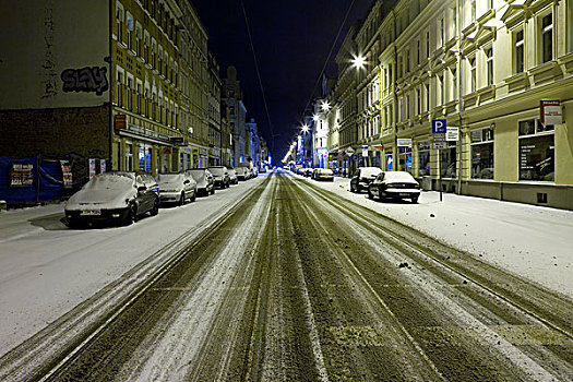 积雪,街道,夜晚,莱比锡,萨克森,德国,欧洲