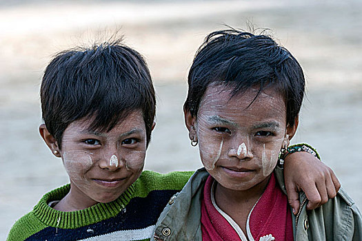 两个孩子,脸,蒲甘,缅甸,亚洲