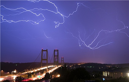 电,风暴,闪电,塔科马,桥,华盛顿
