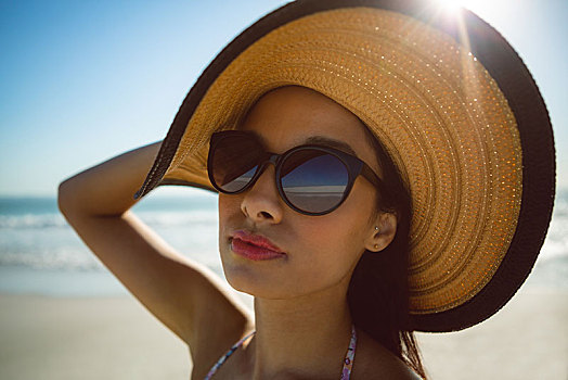 女人,帽子,墨镜,站立,海滩