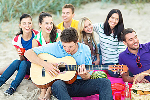 夏天,休假,度假,音乐,高兴,人,概念,群体,朋友,吉他,乐趣,海滩
